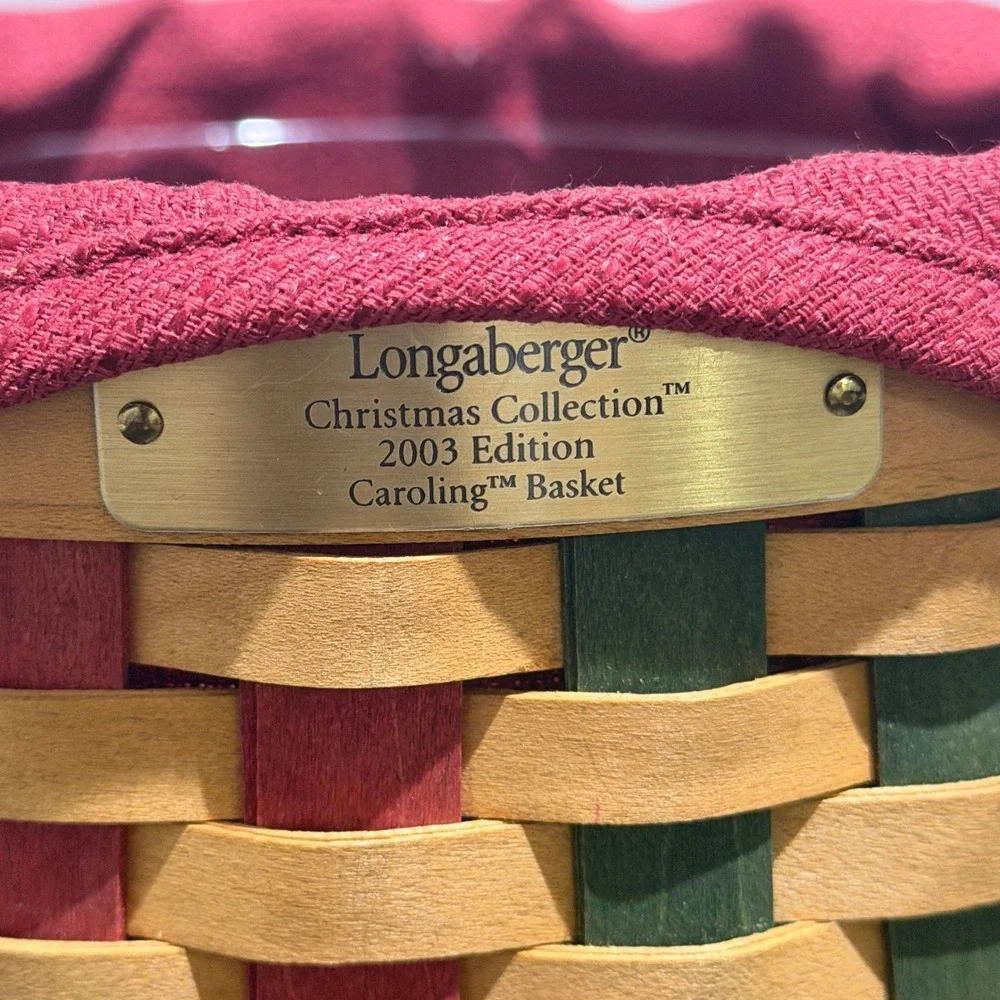 Longaberger 2003 Christmas Collection Caroling Basket Red Green Liner Protector